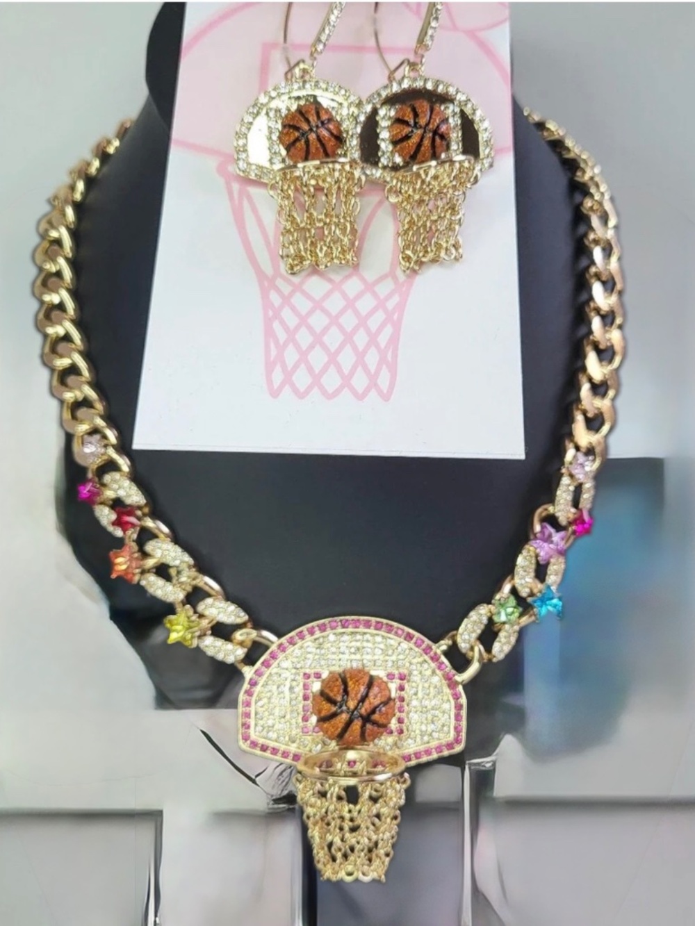 BNWT VIRAL Betsey Johnson Basketball Pendant Statement Necklace AND Earrings set